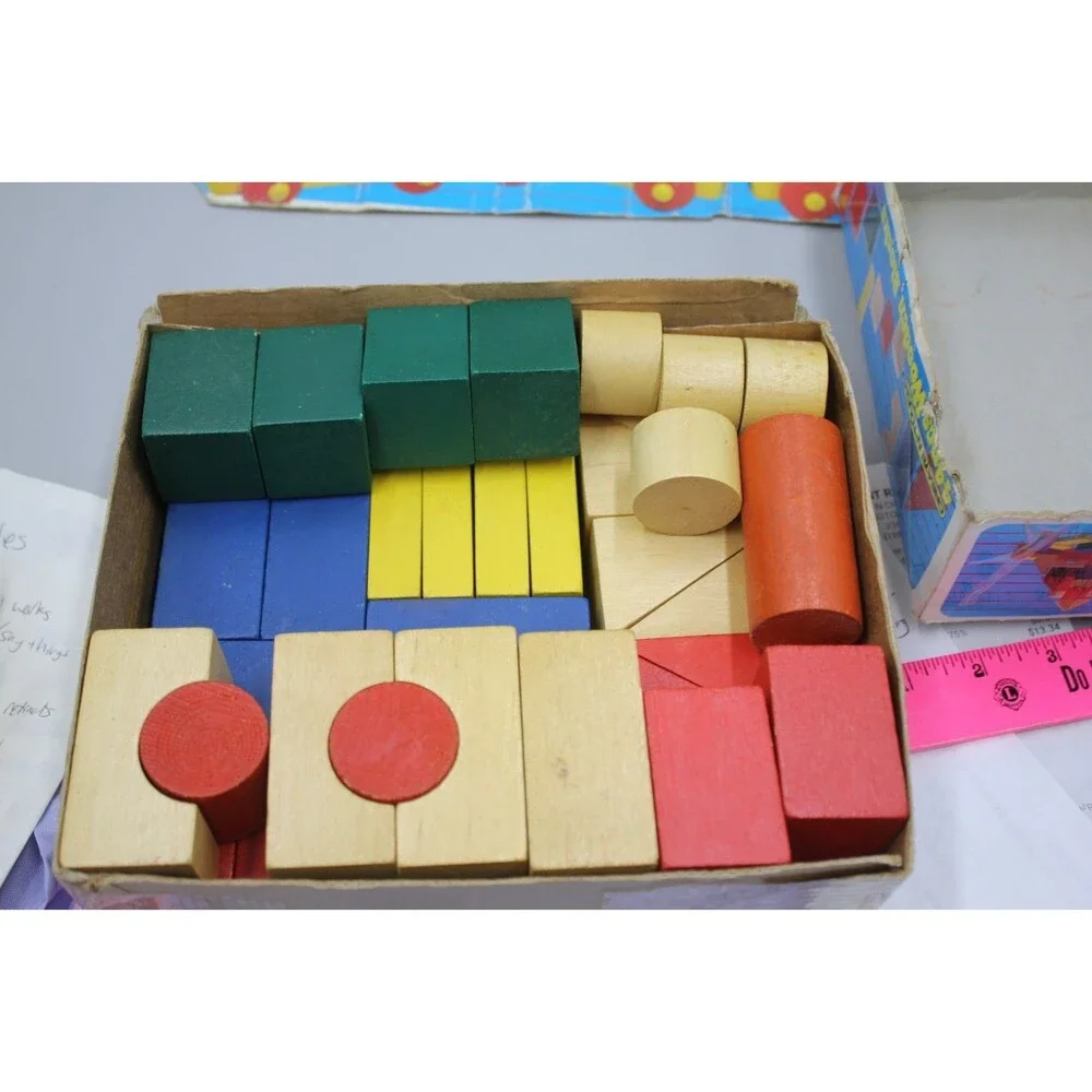 My Kids 44pc Wooden Blocks + Train Pull Vintage Set Primary Toddler Montessori